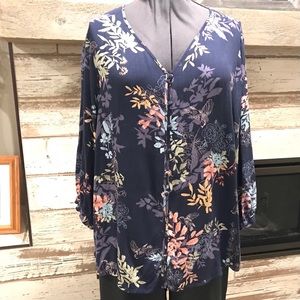 CJ Banks blouse, navy with blue, pink and grey/teal floral pattern, 1X
